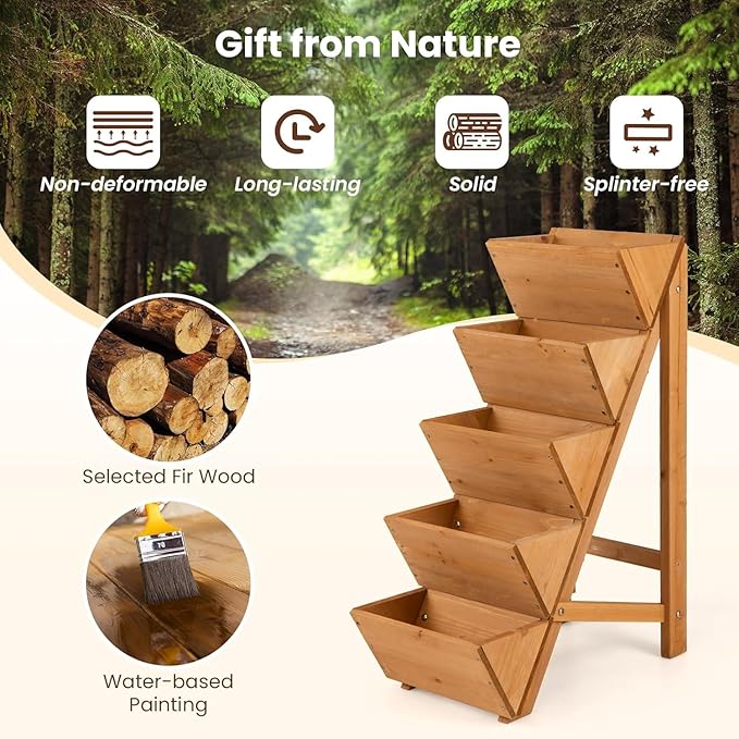 Giantex 5-Tier Wooden Vertical Raised Garden Bed Set of 2, Freestanding Plant Stand with Legs for Herbs Vegetables Fruits, Indoor Outdoor Tiered Wood Planter Box Flower Rack for Patio, Balcony & Yard Giantex