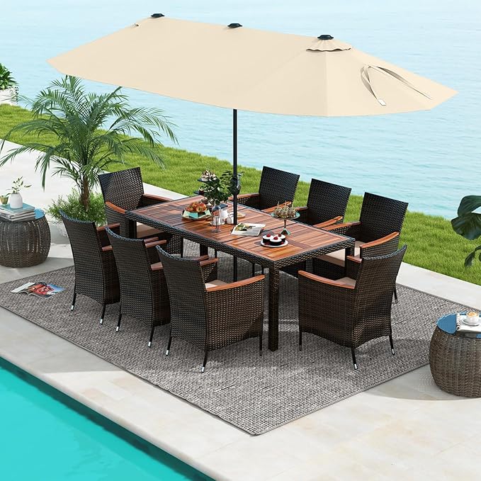 Tangkula 11 Piece Rattan Outdoor Dining Set with 15Ft Patio Umbrella for 8, Outdoor Wicker Table Set with 8 Cushioned Armchairs, Acacia Wood Top, Outdoor Umbrella with Base Included TANGKULA