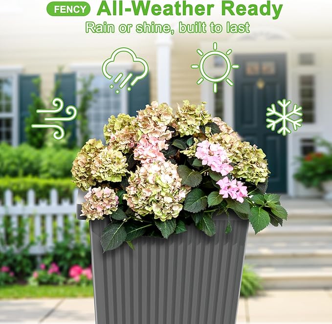 FENCY Set of 2 Tall Planters for Outdoor Plants, 24 Inch Large Tapered Pots with Drainage Trays, Weather-Resistant Plastic Plant Containers for Patio, Porch, Garden, Front Door Decor,Gray,Striped FENCY