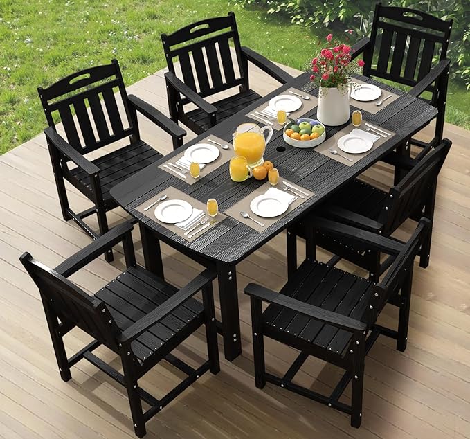 Ciokea HDPE Outdoor Dining Set, 7-Piece Patio Table and Chairs Set with Umbrella Hole, All-Weather Patio Dining Sets for 6, Durable Patio Furniture for Backyard, Garden, Lawn & Poolside, Black CIOKEA