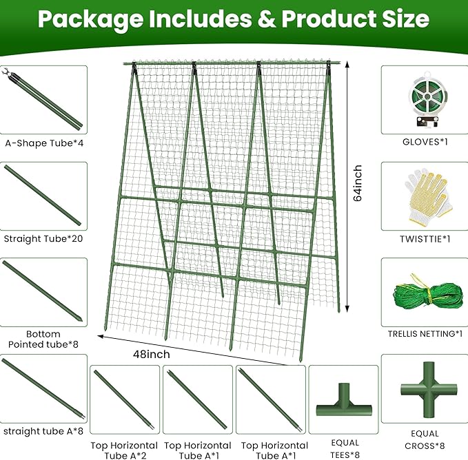 Cucumber Trellis for Raised Bed 48" L x 64" H, 16mm Heavy-Duty Metal A-Shape Arch Trellis, Outdoor Climbing Plant Support for Tomato Pea Zucchini Grape Flowers, Vertical Garden Vegetable Trellis Erinaik