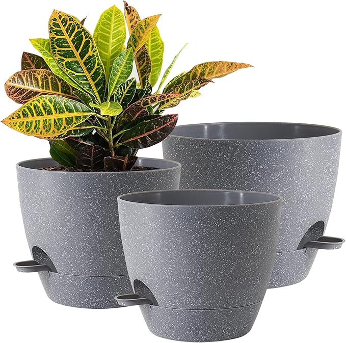 10/9/8 inch Self Watering Pots, Set of 3 Plastic Planters with Mesh Drainage Holes and Deep Reservoir for Indoor Outdoor Garden Plants and Flowers, Grey Speckles UOUZ