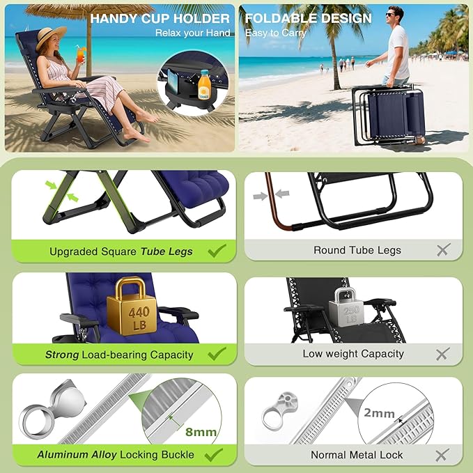 Suteck Zero Gravity Chair Set of 2, Reclining Camping Lounge Chair w/Removable Cushion, Upgraded Lock and Cup Holder, Reclining Patio Chairs Folding Recliner for Indoor and Outdoor Suteck