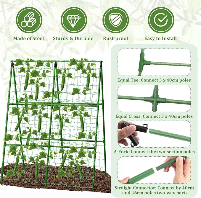 Cucumber Trellis for Raised Beds, 31 X 47 Inch Adjustable Size A-Frame Garden Trellis for Climbing Plant Outdoors with Climbing Net and Plant Support Clip for Vegetable Grape Tomato Garden Supplies LifeisLuck
