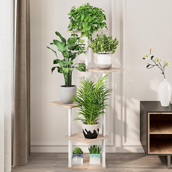 AZERPIAN Plant Stand 5 Tier Indoor Metal Flower Shelf for Multiple Plants Corner Tall Flower Holders for Patio Garden Living Room Balcony Bedroom, Black (5 Tier-White) AZERPIAN