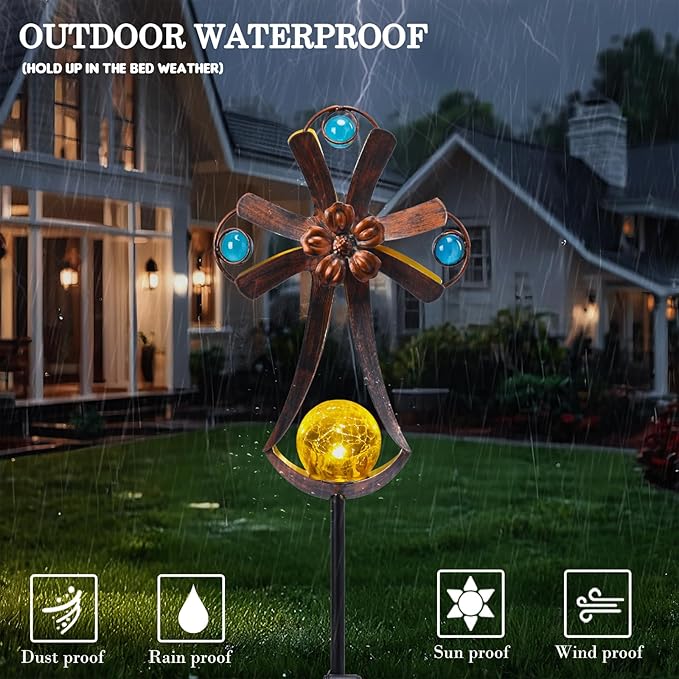 VCUTEKA Solar Garden Lights Cemetery Metal Flower Decor Colorful Solar Pathway Light with LED Cracked Crystal Ball Outdoor Decorative Stake for Patio Yard Lawn Garden Decor (Cross) VCUTEKA