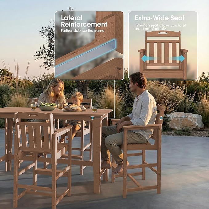 Ciokea 3 Pcs Outdoor Bar Height Table Set, 60" Extra Long Rectangle High Top Table and 2 Oversized Adirondack Chairs Set, Heavy-Duty All-Weather HDPE Patio Bar Set for Backyard Balcony Deck, Teak CIOKEA