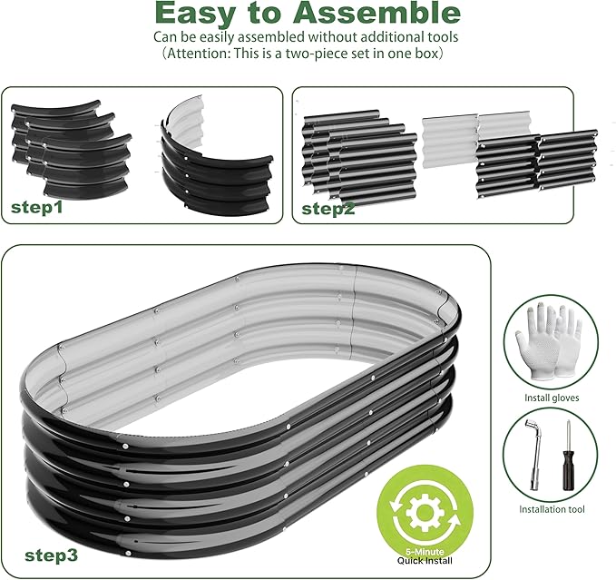 4x2x1ft-2pcs-Oval Raised Garden Bed Kit, Galvanized Planter Garden Boxes Outdoor, Metal Raised Garden Beds for Vegetables,Fruits, Flower,Black kingddeergardenbed