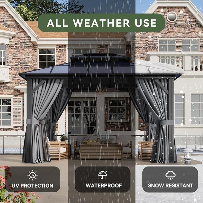 Aoxun 10'x12' Hardtop Gazebo, Aluminum Frame Permanent Pavilion with Curtains and Netting, Outdoor Polycarbonate Double Roof Canopy, Designed for Garden, Lawns, Patio Aoxun