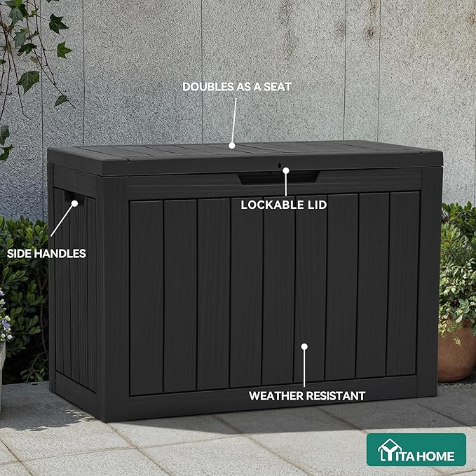 YITAHOME 45 Gallon Deck Box, Outdoor Storage Box for Patio Cushions, Outdoor Tools, Gardening Tools, Sports Equipment, and Throw Pillows, Lockable and Waterproof, Black YITAHOME