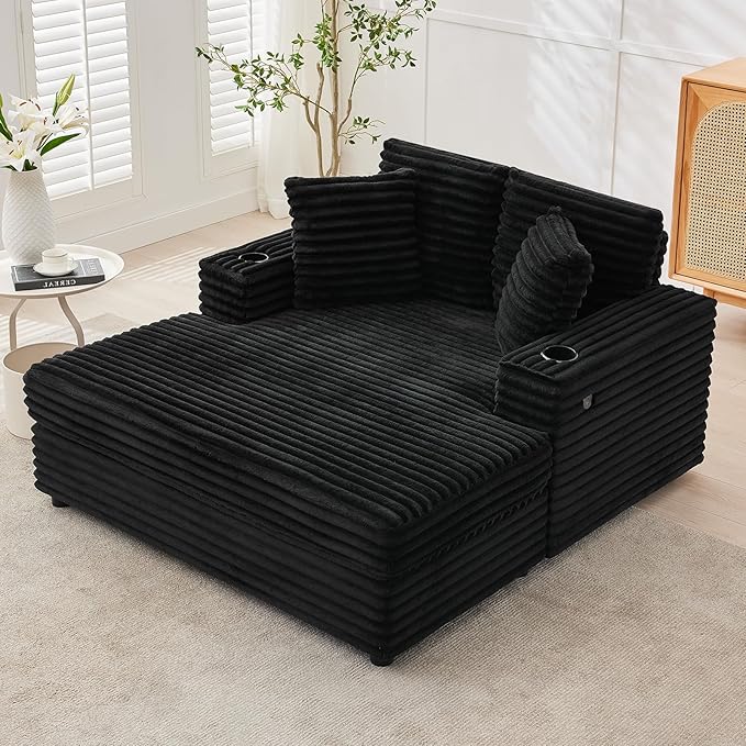 GarveeHome Oversized Chaise Lounge Chair Indoor, 56x60 in Comfortable Corduroy Lounge Sofa with Charging Ports & Cup Holders, Cozy Reading Couch for Bedroom Living Room Apartment, Black GarveeHome