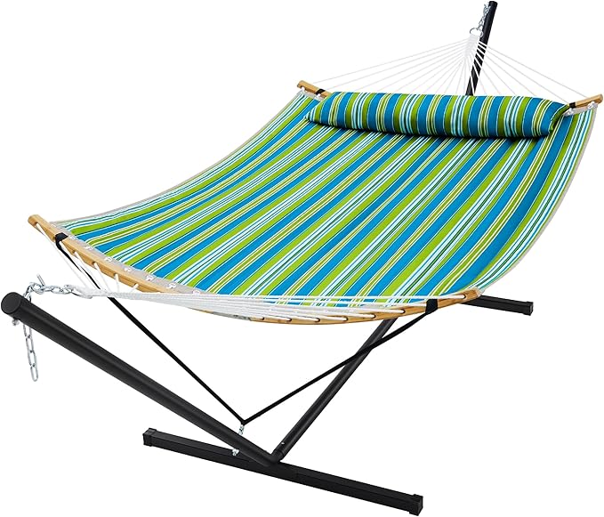 SUPERJARE Curved-Bar Hammock with Stand, 2 Person Heavy Duty Hammock Frame, Detachable Pillow & Portable Carrying Bag, Perfect for Outdoor & Indoor, Thin Blue and Green Stripes SUPERJARE