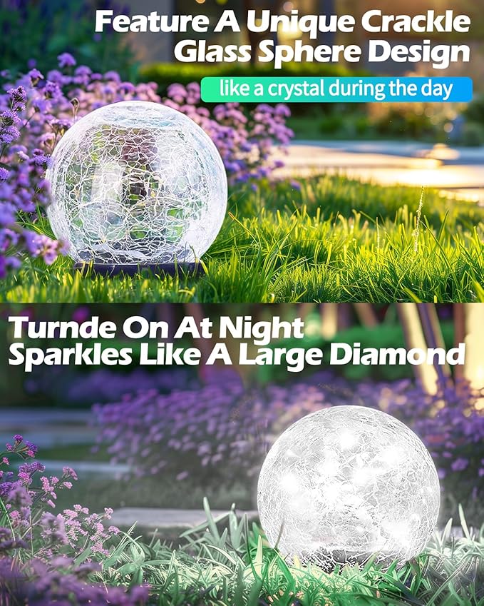 Coroor Garden Solar Ball Lights Outdoor Waterproof, 80 LED Cracked Glass Globe Ground Lights for Path Yard Patio Lawn, Outdoor Decoration Landscape White (2 Pack 5.9'') Coroor