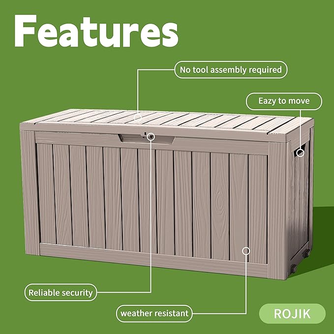 ROJIK Outdoor Storage Housing Deck Box - Waterproof Patio Furniture, Garden Tools, Cushions, Pool Accessories Storage Bench with Lockable Lid and Side Handles (Grey 76 Gal) ROJIK