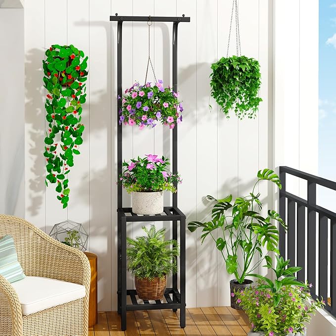 IBUYKE 67 Inch Tall Plant Stand Indoor Outdoor, 3 Tier Metal Hanging Plant Shelf for Multiple Plant, Heavy Duty Plant Holder Flower Stand for Living Room Patio Balcony Garden, Black TMJ076B IBUYKE
