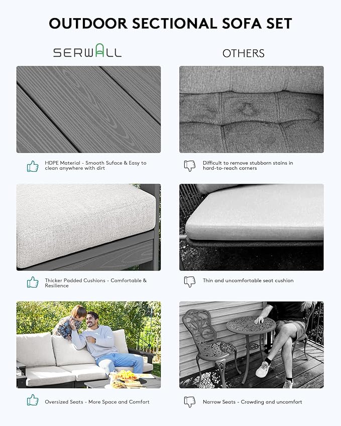 SERWALL HDPE Patio Sofa Set, 4-piece Sectional Outdoor Furniture Set, All Weather Outdoor Couch Set Patio Furniture Set for Deck, Lawn, Grey Frame with Khaki Cushion SERWALL