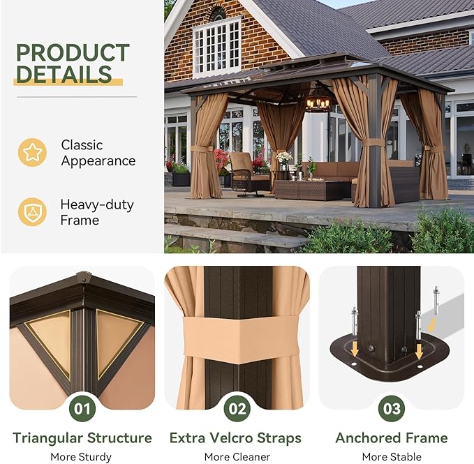 Aoxun 10'x14' Hardtop Gazebo, Aluminum Frame Permanent Pavilion with Curtains and Netting, Outdoor Polycarbonate Double Roof Canopy, for Patio, Garden, Lawn, Brown Aoxun