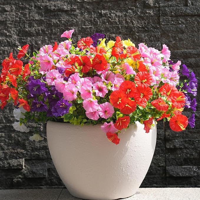 Artificial Flowers for Outdoors, UV Resistant Fake Silk Morning Glory, Realistic Faux Plants for Outside Porch Patio Window Box Hanging Planter (12, Purple White Yellow Pink Red) maxkes