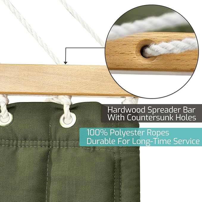 Double Quilted Fabric Hammock with Hardwood Spreader Bars and Pillow 450 LBS Capacity 2 Person Large Hammock for Outdoor Patio Backyard Poolside - Green CHULIM