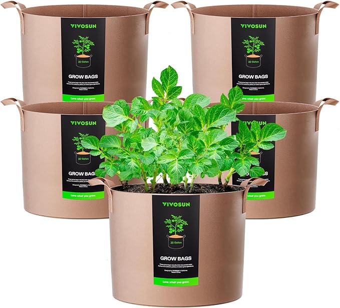 VIVOSUN 5-Pack 20 Gallons Grow Bags Heavy Duty Thickened Nonwoven Fabric Pots with Strap Handles Tan VIVOSUN