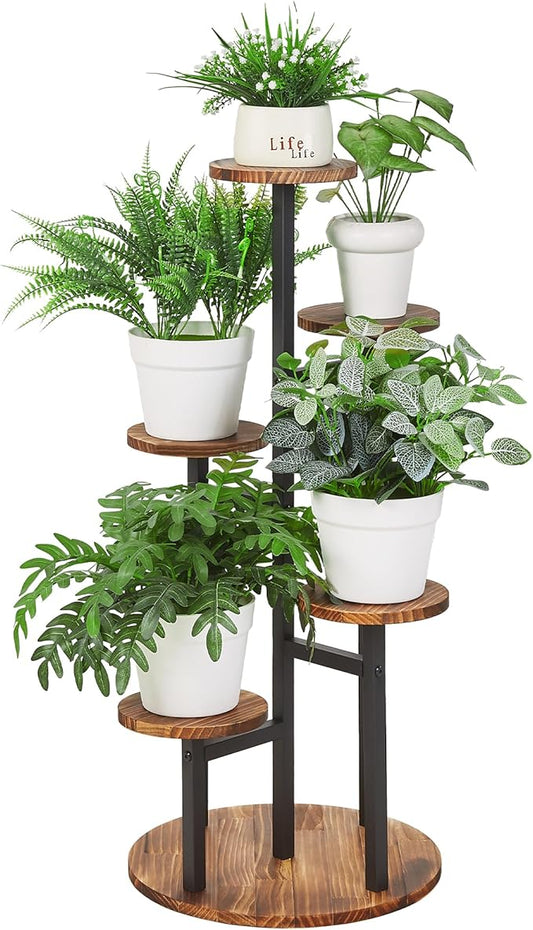 VECELO 5 Tier Plant Stand Indoor Outdoor, Tall Metal Wood Flower Shelf for Multiple Plants, Small Tiered Round Corner Display Rack, Planter Pot Holder for Patio Garden Balcony Living Room Bedroom VECELO