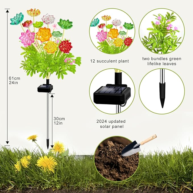 Solar Garden Lights Outdoor, 2 Pack Upgraded Succulent Solar Flowers Outside Waterproof, Gardening Gifts for Women Mother, Decorative Solar Powered Lights Yard Decor for Lawn Backyard Patio Pathway KohlrabiDecor