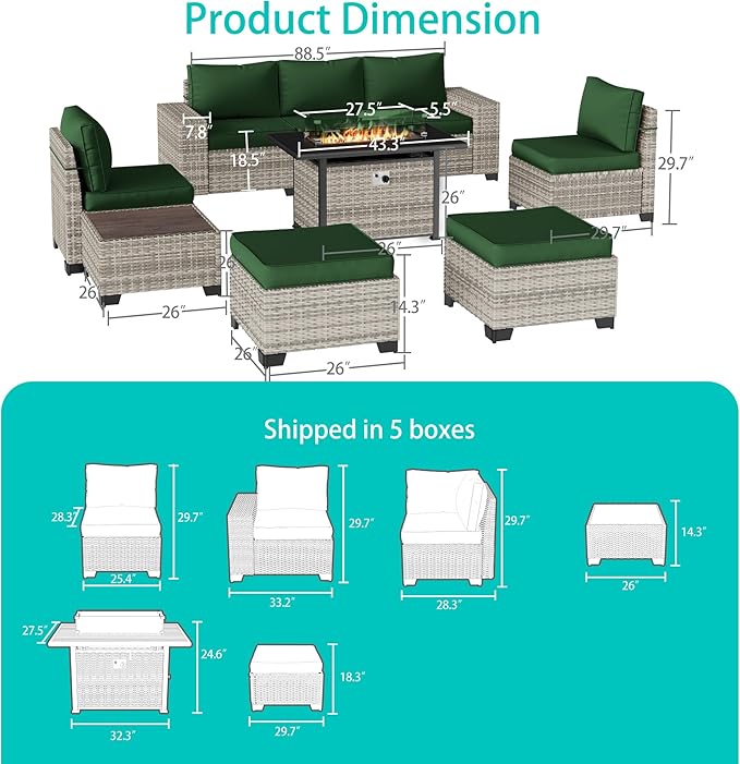 9-Piece Outdoor Patio Furniture Set with 55,000 BTU Fire Pit Table, PE Wicker Rattan Sectional Sofa Patio Conversation Set with Ottomans & Coffee Table, Green MuphyersPatioFurniture