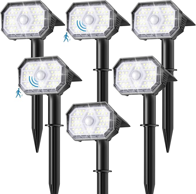 Brightown 6 Pack Solar Motion Lights Outdoor Waterproof, Motion Sensor Spot Lights- 58 LED/3 Modes Solar Powered Spotlights 2-in-1 Auto On/Off for Outside Yard Wall Garden, Cool White Brightown