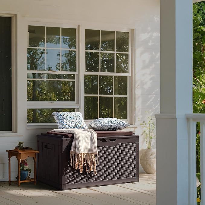 Flamaker Deck Box with Cushion 100 Gallon Waterproof Resin Storage Box with Air Rod Indoor Outdoor Lockable Storage Bench for Patio Furniture, Tools, Pool Accessories (Deep Brown) Flamaker