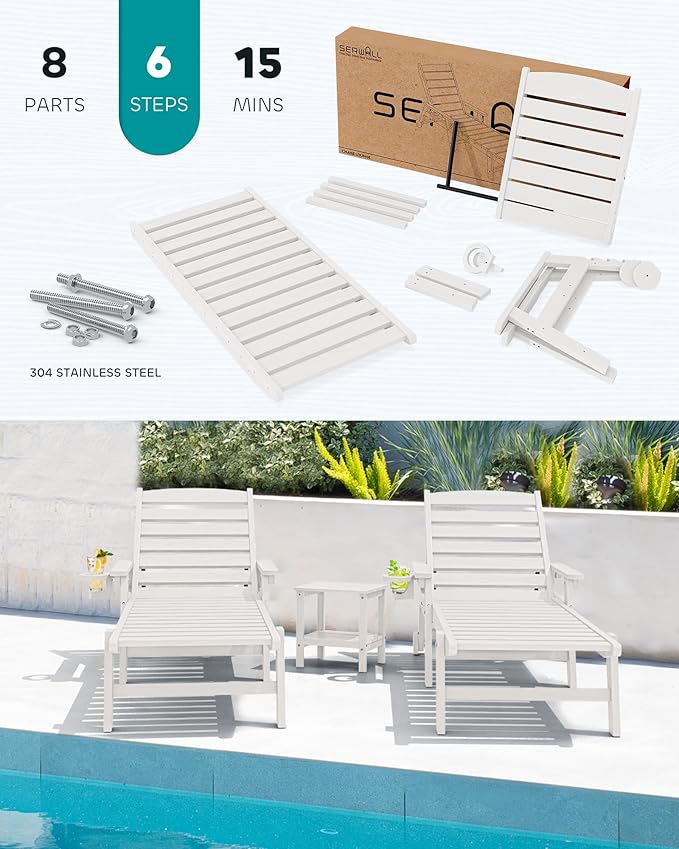 SERWALL Patio Chaise Lounge Chair Set of 6, 5 Positions Adjustable Poly Outdoor Lounger for Pool, HDPE Lounge Chair with Rolling Wheels & Cup Holder for Poolside, Deck, White SERWALL