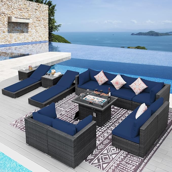NICESOUL 13 Piece Outdoor Patio Furniture Set with Fire Pit, Extra Large 29.3'' High Back Patio Sofa Set w/Lounges, Oversized Wicker Outdoor Sectional with Fire Pit for Deck, Lawn, Yard, Gray & Navy NICESOUL