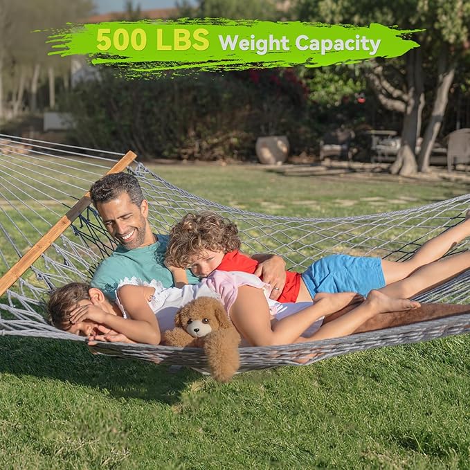 Double Hammock for 2 Person, Handwoven Rope Hammock with Spreader Bar Without Stand - Indoor & Outdoor Use for Patio, Poolside, Backyard (Grey) ANAGOO