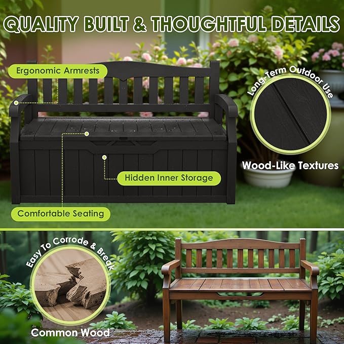 Greesum 80 Gallon Outdoor Storage Bench, Weather-Resistant Deck Box, Patio Furniture Bench for Backyard, Garden, Porch, Large Capacity Seat for Pillows Cushions Patio Accessories, Dark Black BuynowfromGreesum