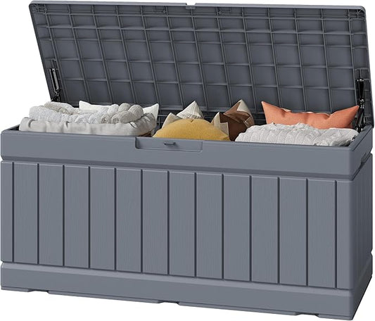 Greesum Outdoor Storage Box 82 Gallon Storage Bin with Lid for Patio Furniture, Garden Tools, Pool Supplies, Waterproof and UV Resistant, Lockable, Gray BuynowfromGreesum