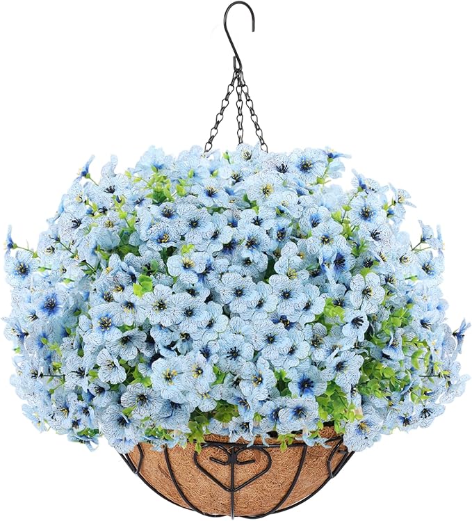 Artificial Hanging Flower for Outdoors, Fake Hanging Basket for Outside,1 Hanging Basket with 13 Pcs Faux Silk Flowers for Porch, Balcony and Patio Decor(Blue) LetuoClipsClipsandHooks