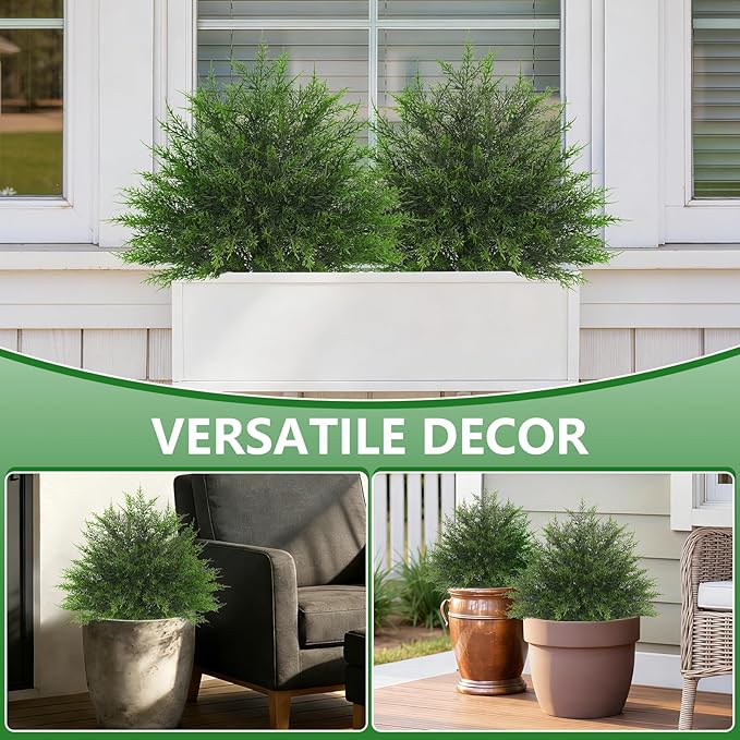 Artificial Cypress Topiary Bushes with Spike, 2 Pack Faux UV Resistant Cedar Ball Trees for Outdoor Planters, Fake Shrubs Plants for Porch Garden Decor FEELTHENEWWORLD