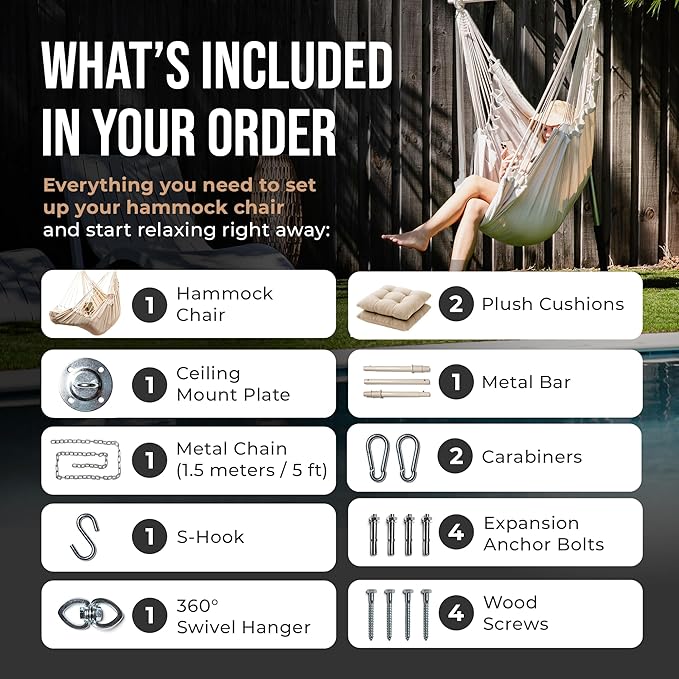 Hanging Hammock Chair Swing – Hanging Chair Outdoor & Indoor - Hammock Swing Chair – Quick & Easy Setup with Hardware Kit – Durable & Spacious Full Body Support with 2 Plush Cushions – Holds 440 Lbs EXTIRIO