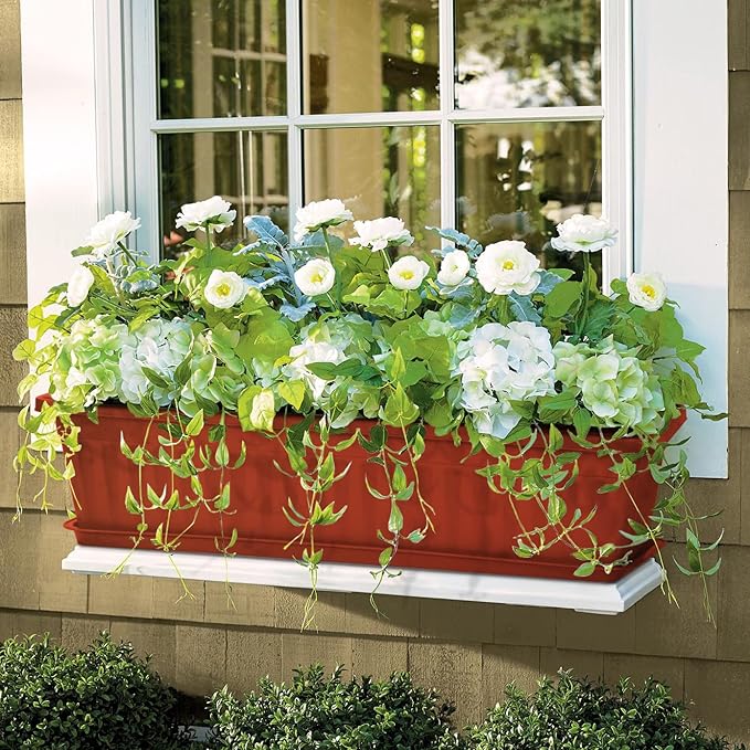 6 Packs Window Box Planter, 17 Inches Flower Window Box Rectangular Plastic Vegetable Planters with Trays for Windowsill, Patio, Garden, Balcony, Brick Red OSMOFUZE
