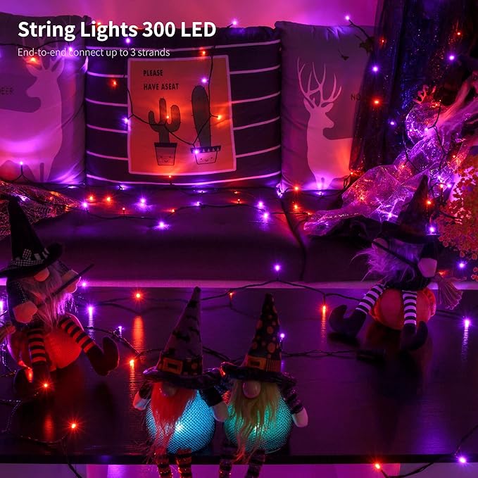 300 LED Halloween String Lights, 98.5FT with 8 Modes, Waterproof, Plug in for Indoor/Outdoor Party Decorations (Purple & Orange) LJLNION