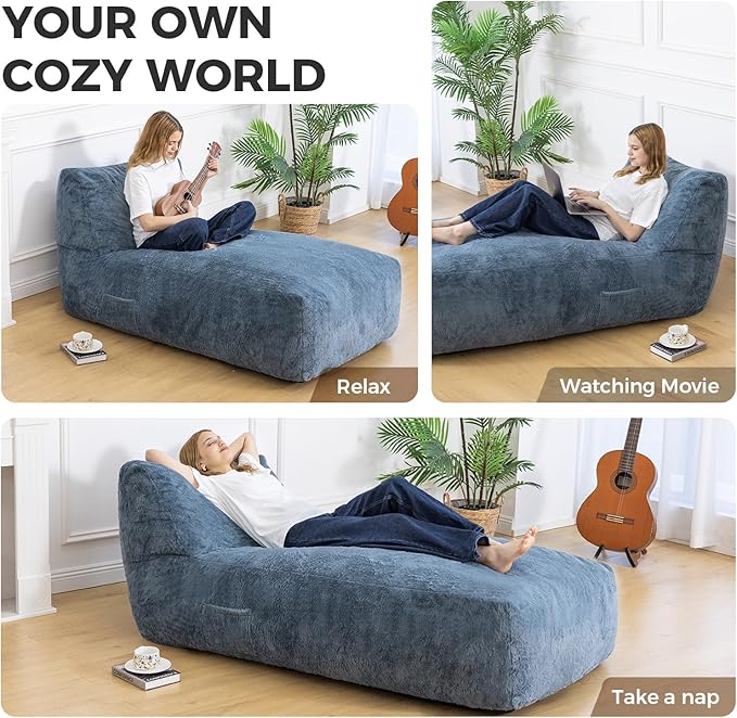 Giant Bean Bag Lounger Chair for Adults with Soft & Cozy Plush Fabric,Memory Foam Filled Beanbag Chair for Family Living Room,Bedroom and Game Room (Bluegrey) Rootora