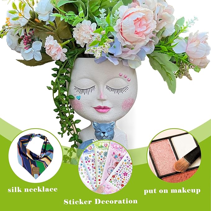 Face Plant Pots Head Planters - Face Flower Pot Head Planter with Cat, Succulent Pots with Drainage Hole, Resin Lady Planter for Indoor Outdoor, Home Decor, Mother's Day/Women Gifts ASDFG