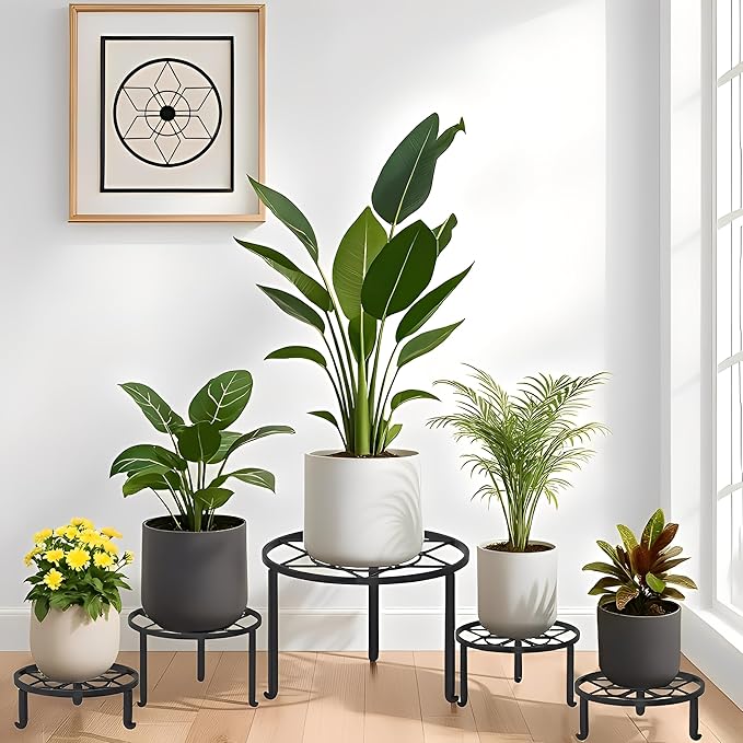 5 Pack Plant Stand Metal Flower Pot Stand Holders Indoor Tall Plant Rack Plant Round Black Plant Shelf For Living Room, Garden, Balcony Rootora