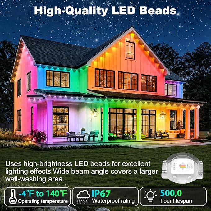 500FT Permanent Outdoor Lights Waterproof with Smart App Control Remote,DIY Scene Modes,Music Sync hronization,Eaves Lights for Garden Decor,Deck,Christmas RCUICA