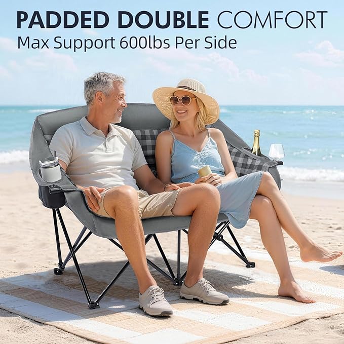 Double Camping Chairs Padded Loveseat Chair for 2 Person - Heavy Duty Oversized Camping Couch for Adults Outdoor Lawn Beach Portable Folding Sofa with Cup Holders Support 600lbs, Grey PUVASIA