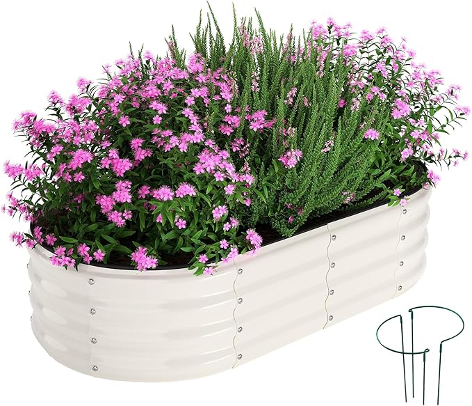 Galvanized Metal Planter Raised Garden Bed Kit for Gardening Outdoor，4x2x1ft Planter Grow Garden Box Raised Flower Bed，Long Vegetable Clearance Herb Raised Garden Beds for Gardening White ZFHgarden