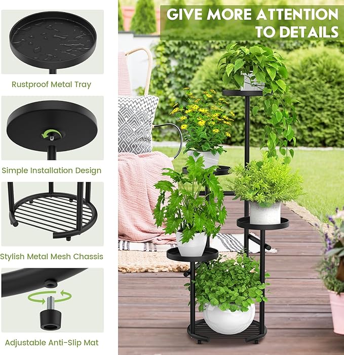 TOSKING 5 Tier Tall Plant Stand Indoor Outdoor, Heavy Duty Corner Plant Stand with Space-Saving Plant Shelf for Multiple Plants| Round Plant Table Design for Living Room Balcony Garden (Black, 38in) TOSKINGESSENCE