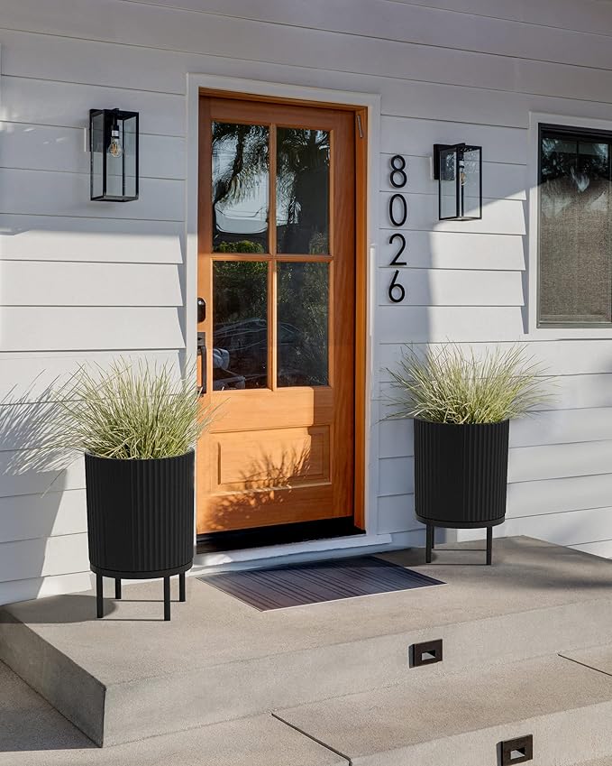 Veradek Demi Series Round Planter w/ Stand for Porch/Patio | Durable Plastic-Concrete & Wooden Stand | Modern Décor for Tall Plants, Flowers VeradekOutdoor