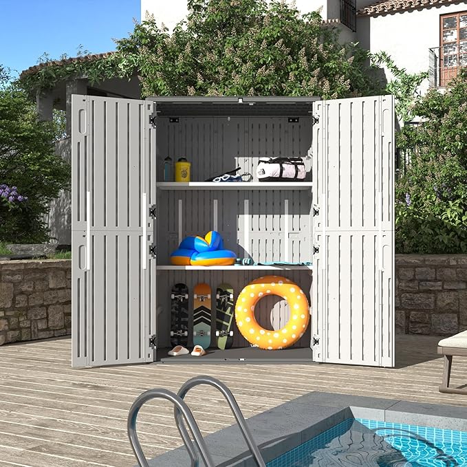 Aoxun White Resin Outdoor Storage Shed with 2 Shelves & Floor, 64 Cu.Ft Vertical Waterproof Cabinet for Garage, Pool, Bike, Garden Tools, Patio Furniture Aoxun
