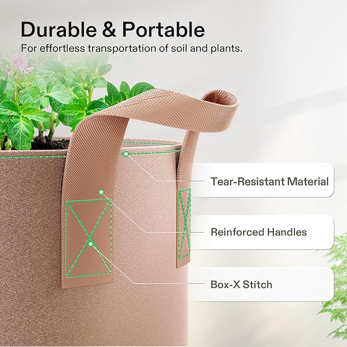 VIVOSUN 5-Pack 5 Gallons Grow Bags Heavy Duty Thickened Nonwoven Fabric Pots with Strap Handles Tan VIVOSUN