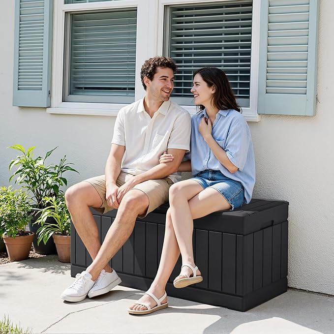 Devoko 78 Gallon Deck Box, Waterproof Resin Outdoor Storage Box for Outside and Patio, Outdoor Storage Bench Lockable for Patio Furniture, Garden Tools and Pool Supplies (Black, 78 Gallon) DEVOKO